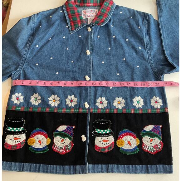 Vtg Tantrums Embroidered Christmas Denim Shirt Applique Snowmen Sz M - Picture 3 of 7